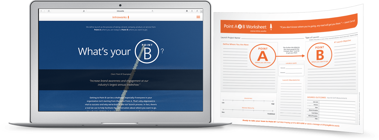 Image is a link to point B webpage. Image of laptop computer screen showing a blue screen that reads "What's Your Point B". Next to it is a graphic of a document that has an orange header and a clearly readable text "Point A" with an arrow pointing to "Point B"