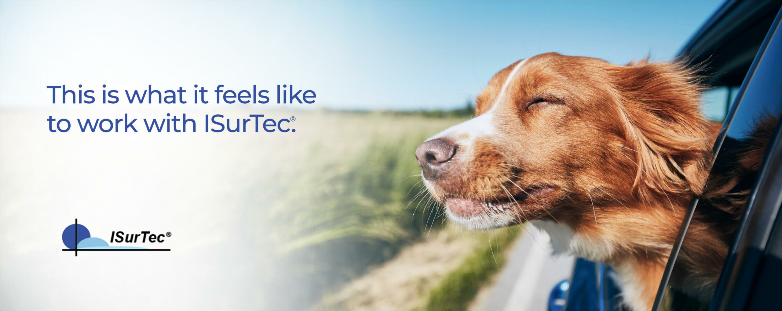 text: This is what it feels like to work with ISurTec®. IMage: is a photograph of a dog sticking its head out of a moving car window, seemingly smiling. ISurTec® logo sits in bottom left.