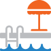 Simple graphic of a poolside. Blue waves along the bottom, gray deck with ladder, and an orange umbrella.