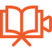 A simple graphic line drawing using orange. It is an open book with a video camera integrated on the right side.