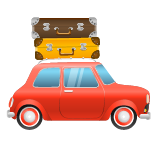 An illustration of a red car with two suitcases strapped to the top.
