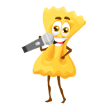 Emoji-style graphic of a piece of bowtie pasta singing into a microphone.