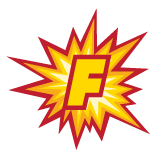 Graphic of the letter F in comic book style starburst flash.