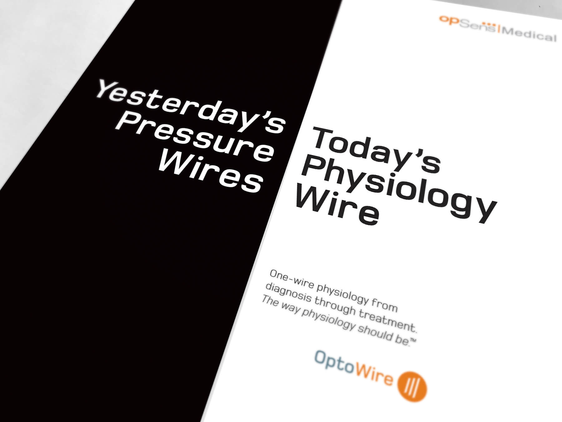 Graphic mockup of the cover of a brochure. Text on brochure says: Yesterday's Pressure Wires, Today's physiology Wire. One-wire physiology from diagnosis through treatment. The way physiology should be.™ OptoWire logo. 