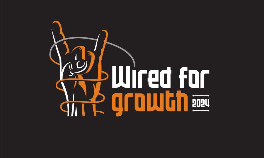 Wired for Growth 2024. Text in graphic. Graphic is black background eith text at center, along with a hand making devil horns gesture. A wire wraps loosely around the wrist and up through the fingers.